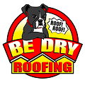 Logo for Be Dry Roofing featuring a cartoon black and white dog with a red collar, a speech bubble saying ROOF! ROOF!, and bold yellow and red text that reads Be Dry Roofing below the dog—highlighting trusted roofing services in Quincy IL.