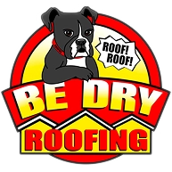 Logo for Be Dry Roofing in Quincy IL, featuring a cartoon black and white dog with a red collar. The dog says ROOF! ROOF! in a speech bubble. Bold yellow and red BE DRY ROOFING text highlights quality roofing services.