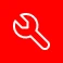 A white outline of a wrench icon is centered on a solid red background, symbolizing expert Roofing Services from Be Dry Roofing in Quincy IL.
