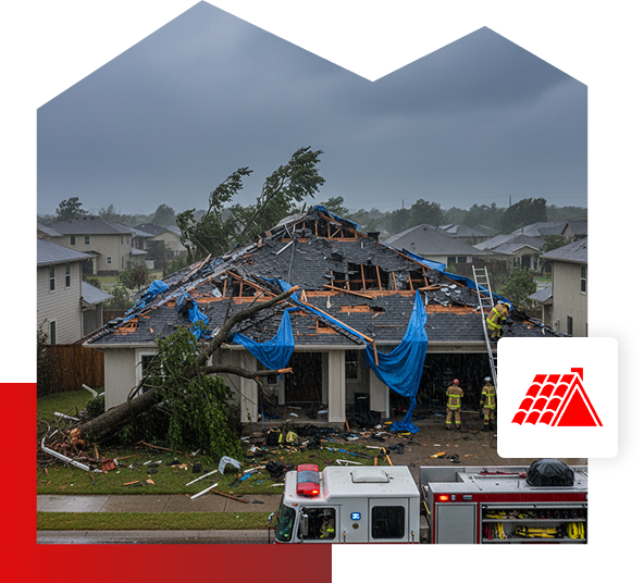 A house in Quincy IL with a collapsed roof and fallen tree after a storm. Blue tarps from Be Dry Roofing cover parts of the damaged roof, as firefighters and an emergency vehicle respond under dark, cloudy skies.