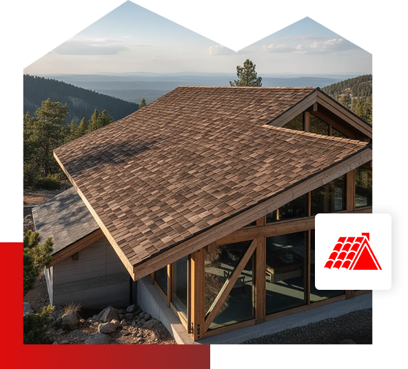 A modern wooden house with large windows and a steep, shingled roof sits on a hillside surrounded by pine trees near Quincy IL, mountains and a hazy sky in the background. An icon of Be Dry Roofing’s red roof is overlaid on the image.