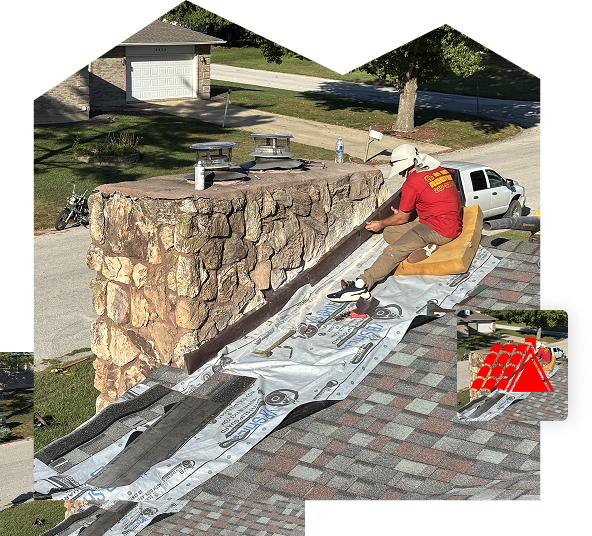 A worker in a red shirt and tan hat repairs a rooftop near a large stone chimney for Be Dry Roofing, with materials spread out. Trees, a road, and houses are visible in the background of Quincy IL.