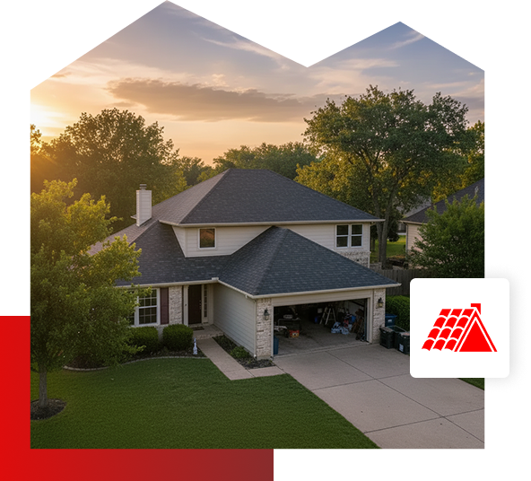 A two-story suburban house with a dark roof and attached garage, surrounded by trees and lawn at sunset in Quincy IL. A red roof icon, representing Be Dry Roofing services, is overlaid in the bottom right corner of the image.