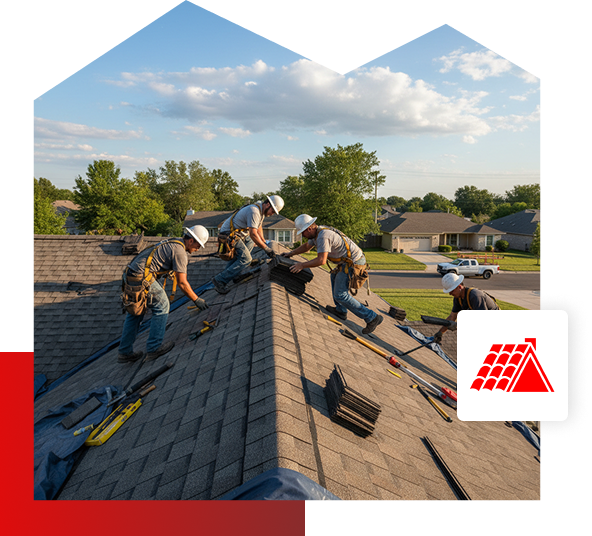 Four workers in safety gear install shingles on a sloped house roof under a blue sky in Quincy IL, surrounded by trees and suburban homes. Roofing tools and materials are visible, along with a Be Dry Roofing icon in the lower right corner.